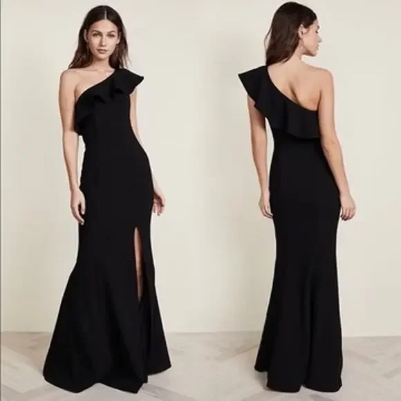 Likely Kane One Shoulder Ruffle Gown Black Formal Maxi Dress Size 2 Slit Elegant